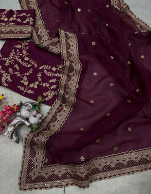 wine saree - soft organza silk | blouse - banglory silk  fabric thread sequance work work ethnic 