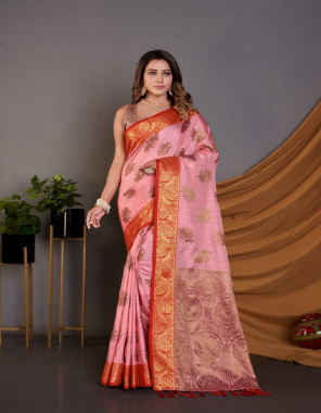 pink pure silk pure handloom with copper & gold jari fabric weaving work festive 