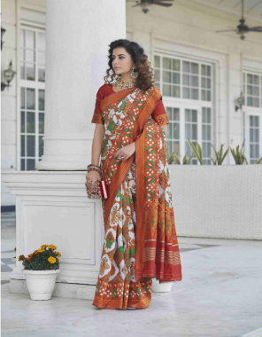 white saree - patola silk | blouse - patola silk  fabric printed work ethnic 