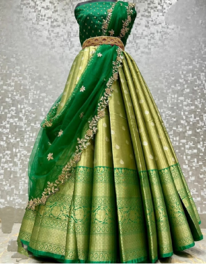 dark green lehenga - pure kanjivaram silk ( 3 m) | blouse - jacquard fabric ( 1 m ) | dupatta - organza with two side piping (2.20m)  fabric zeri work work ethnic 
