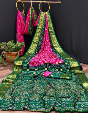 dark green saree - art silk | blouse - running fabric block print work festive 