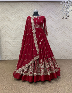 red gown - heavy faux georgette | sleeves - full sleeves with embroidery sequance work | inner - heavy micro cotton | length - 54 - 56 inch | flair - 3m | gown size - xl size stitched with xxl margin | dupatta - heavy fox georgette with embroidery sequance work fabric embroidery sequance work work casual 