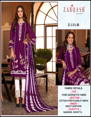 purple top - fox georgette with embroidery | pant - rayon cotton stretchable heavy | dupatta - nazneen | size chart - top size - xl ( 42 ) | xxl ( 44 ) | bottom size - xl ( 38 - 42 ) | xxl ( 38 - 44 )  fabric embroidery work festive 