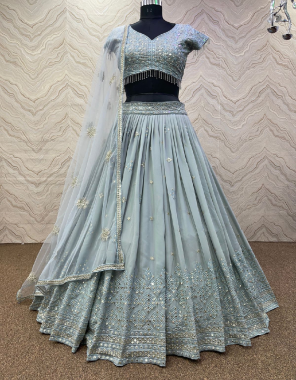 grey lehenga - heavy fox georgette | inner - micro cotton | type - semi stitched | length - 42 - 44 inch | flair - 3m | blouse - heavy fox georgette embroidery sequance | sleeves - short sleeves with embroidery sequance and fancy latkan lace border | dupatta - heavy butterfly net with heavy embroidery worked ( 2.1 m)  fabric sequance with embroidery work ethnic 