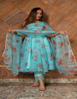 sky blue pure soft organza with complete lining | flair - 3.5 m | sleeves - 3/4 th  fabric printed  work festive 