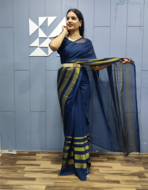 navy blue saree - chiffon with zari weaving golden linning border | size - free size upto 44 | blouse  - blooming chiffon zari | size - 1 m ( unstitched ) | with belt fabric zari weaving work ethnic 
