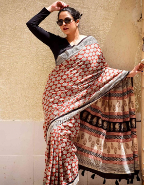 red saree - muslin cotton | blouse - black colour plain satin silk blouse fabric printed work ethnic 