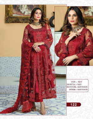 red top - heavy net with embroidery & sequance work & moti work | sleeves - heavy net with embroidery | inner & bottom - santoon | dupatta - heavy net with chain stitch with diamond work ( 2.30 m) | size - max upto 48 | length - max upto 50 fabric embroidery work festive 