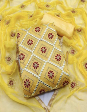 yellow top - chanderi silk ( 2.10 m) | inner + bottom - santoon ( 1.50 +2.00 m) | dupatta - chinon dioble ( 2.10 m)  fabric gotta patti with embroidery work work festive 