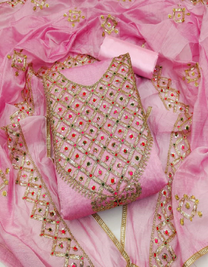 pink top - chanderi silk ( 2.00 m) | inner + bottom - santoon ( 1.50 +2.00 m) | dupatta - chanderi silk( 2.10 m) |size - free size upto 43