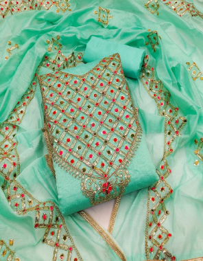 green top - chanderi silk ( 2.00 m) | inner + bottom - santoon ( 1.50 +2.00 m) | dupatta - chanderi silk( 2.10 m) |size - free size upto 43