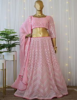 pink choli - georgette | size - unstitch upto 44 | lehenga - georgette | inner - crep | size - semi stitch upto 44 ( xxl ) | dupatta - georgette embroidery sequance work  fabric embroidery work casual 
