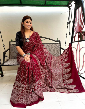 maroon bandhani digital printed cotton saree | blouse - mono unstitch blouse fabric digital printed work party wear 