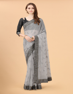 grey saree - simar silk | blouse - jacquard full work fabric embroidery work ethnic 
