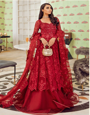 red top - heavy net with sequance embroidery stone work | sleeves - net with embroidery work | inner - heavy santoon | bottom - heavy santoon net ( material ) | dupatta - net with heavy net with sequance embroidery | length - max upto 49 