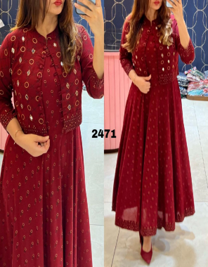 maroon heavy rayon liquid zari gown with flair and jacket  fabric printed work casual 