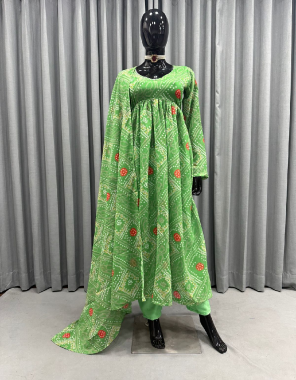 parrot green top - fox georgette with digital printed | inner - crep | pent - american crep | stitch - upto 44 full stitched | dupatta - fox georgette with digital printed ( 2.20 m)  fabric digital printed work ethnic 