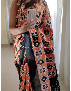 orange saree - original linen | blouse - black colour satin silk blouse fabric digital printed work casual 