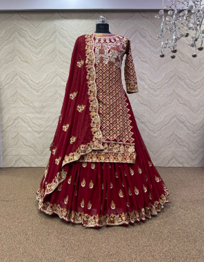 red lehenga - fox georgette | inner - micro cotton | length - 42 - 44 inch | flair - 3 m | size - upto 44 ( xxl ) size | type - semi stitched | top - heavy fox georgette | sleeves - full sleeves with heavy embroidery and stone hand work | inner - micro cotton | top length - 44 - 46 inch | top size - xl stitched with xxl marigin | dupatta - heavy fox georgette with embroidery lace work fabric embroidery sequance work work ethnic 