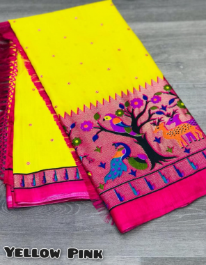 yellow soft paithani silk  fabric printed work festive 