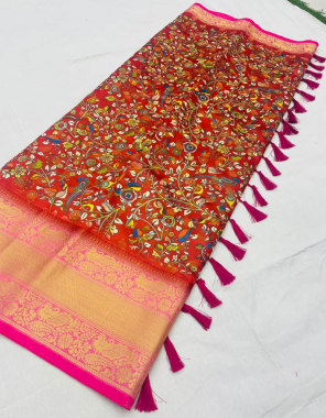 red soft silk kalamakari pattu fabric printed work festive 