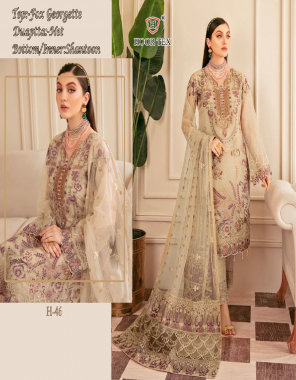 cream top - fox georgette with embroidery sequance diamond work | bottom - santoon with patch work | inner - santoon | dupatta - heavy net with embroidery with sequance work | size - 56 ( 8xl) fabric embroidery work ethnic 