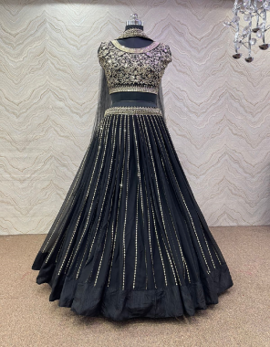 black lehenga - heavy fox georgette | inner - micro cotton | length - 42 - 44 inch | flair - 3m | type - semi stitched | choli - heavy fox georgette | sleeves - short sleeves plain fabric | type - unstitched ( 1 m fabric ) | dupatta - heavy net with heavy embroidery sequance work ( 2.1 m) fabric embroidery work festive 