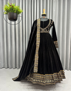 black suit - velvet with inner with thread work | size - upto 42 ( full stitch ) | dupatta - velvet with thread sequance work ( 2.2 m)  fabric thread work work wedding 