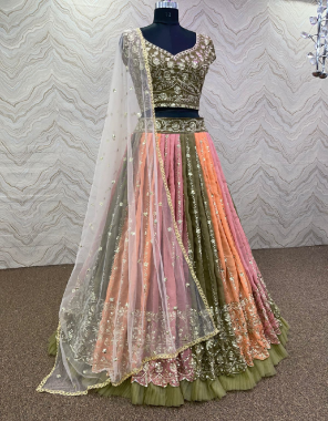 multi lehenga - heavy fox georgette | inner - micro cotton | length - 42 - 44 inch | flair - 3 m | type - semi stitched | choli - mono satin  silk | sleeves - short sleeves with plain fabric | type - unstitch ( 1 m) | dupatta - heavy butterfly net with embroidery work ( 2.1m) fabric embroidery work party wear 