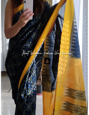 navy blue saree - soft chanderi cottom | blouse - black colour plain satin silk fabric printed work ethnic 