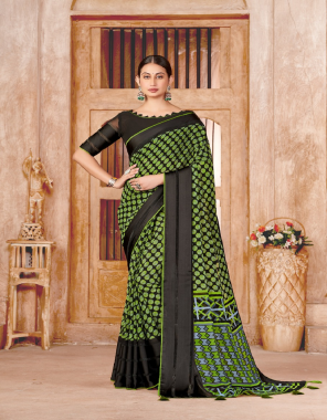 green weightless satin border with applics fabric printed work ethnic 