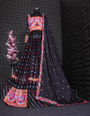 black lehenga - soft butter silk | inner - micro cotton | length - 42 -44 inch | flair - 4 m | type - semi stitched | blouse - soft butter silk | type - unstitched ( 1 m) | dupatta - soft butter silk with digital printed ( 2.20 m) fabric digital printed + mirror work work ethnic 