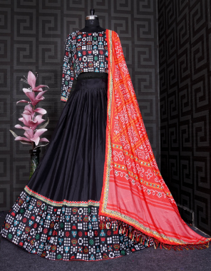 black lehenga - soft butter silk | inner - micro cotton | length - 42 -44 inch | flair - 4 m | type - semi stitched | blouse - soft butter silk | type - unstitched ( 1 m) | dupatta - soft butter silk with digital printed ( 2.20 m) fabric digital printed + mirror work work festive 