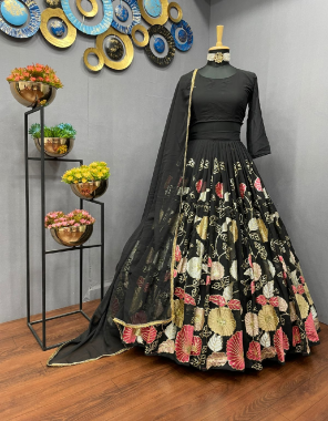 black lehenga - georgette | inner - crep | stitch - upto 44 semi stitched | flair - 3m with cancan with canvas | choli - georgette | stitched - unstitch upto 44 | dupatta - georgette with four side lace border  fabric embroidery with sequance work casual 