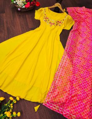yellow soft silk with georgette dupatta | with complete linning | sleeves with 3 frill layers | length - 52 