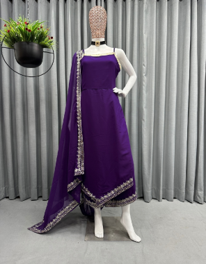 purple top - georgette with embroidery | dupatta - georgette embroidery ( 2.20 m) | plazzo - georgette with embroidery | size - upto 44 with elastic ( full stitched ) fabric embroidery work festive 