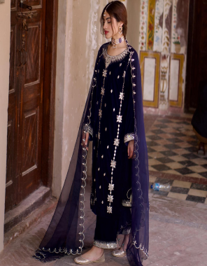 navy blue top - heavy viscose velvet sequance work | inner - micro cotton | top size - upto 42 xl ( free size ) | length - 40 - 41 inches | bottom - soft viscose velvet ( ready  to wear ) | dupatta - net butterfly embroidery with embroidery lace border fabric embroidery work festive 