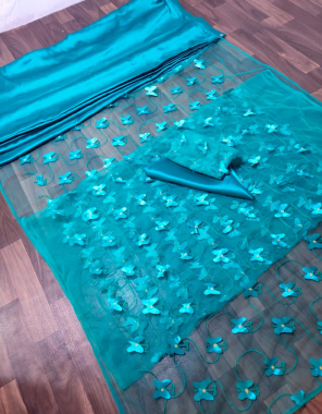sky blue saree - duchess satin with butterfly work on net | size - free size ( upto 44 ) | blouse - same as saree | size - un stitch ( sleeves included )  fabric butterfly work work party wear 