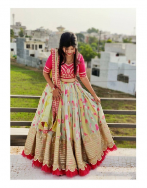cream choli - tapeta silk | inner - crep | size - upto 44 ( unstitch ) | lehenga - american silk | inner - silk | stitching - semi stitched upto 44 | size - xxl | flair - 3m with canvas with cancan with soft net ruffle | dupatta - georgette with embroidery fancy lace border  fabric embroidery work festive 