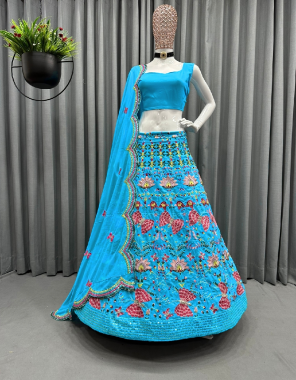 sky blue choli - georgette | inner - silk | size - upto 44 ( unstitch ) | lehenga - georgette | inner - crep | stitching type - upto 44 ( semi stitched ) | flair - 3 m with canvas | dupatta - georgette with embroidery ( 2.20 m) fabric embroidery work party wear 