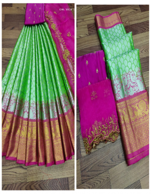 parrot green lehenga - pure kanjivaram silk with zari work ( 3m) | blouse - kanjivaram silk ( 1 m approx ) | dupatta - organza fabric with 2 side piping ( 2.20 m) fabric weaving work ethnic 