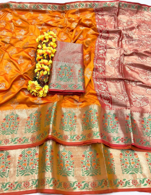 orange lichi silk with gold zari weaving fabric weaving work festive 