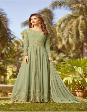pastal green top - fox georgette with embroidery stone work | sleeves - fox georgette with embroidery stone work | inner & bottom - santoon | dupatta - nazmin with embroidery work stone work | length - max upto 52 + | size - max upto 46 fabric embroidered work festive 