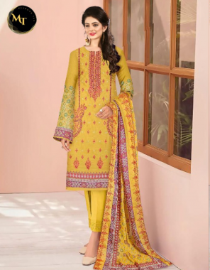 yellow top - pure lawn print with exclusive self embroidery | bottom - semi lawn | dupatta - pure lawn cotton with box pallu  fabric printed work festive 