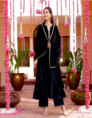 black top - heavy viscose velvet with sequance embroidery work with long sleeves with 9mm sequance work | inner - micro silk | length - 40 - 41 inches ( ready to wear ) | size - upto 42 xl free size ( ready to wear ) | bottom - soft viscose velvet ( ready to wear free size ) | dupatta - heavy viscose velvet with embroidery work with heavy embroidery lace border  fabric embroidery work festive 