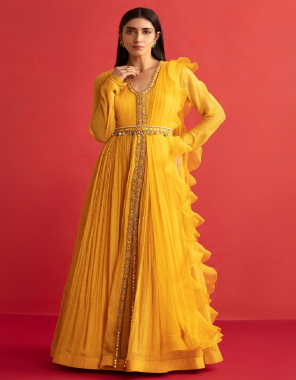 yellow top - faux georgette with inner | length - 50 inch | flair - 3 m | dupatta - faux georegtte ruffle border ( 2.2 m)  fabric embroidery work party wear 