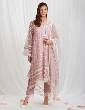 pink suits - organza silk | pent - satin with lace work | size - upto 42 ( stitched with elastic ) | dupatta - organza silk with thread work ( 2.2 m) fabric thread work work party wear 