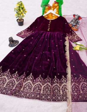 wine gown - heavy viscose velvet with heavy embroidery sequance work with full sleeves ( full stitched ) | inner - micro cotton | size - upto 44 xxl free size ( fully stitched ) | length - 54 inches + | gown - 3 m | dupatta - heavy net with heavy embroidery and 5mm sequance work lace border ( 2.10 m)  fabric embroidery work ethnic 