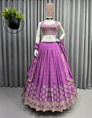 purple choli - georgette | inner - silk | size - upto 44 ( unstitch ) | lehenga - georgette | inner - crep | stitching type - semi stitched upto 44 | flair - 3m with canvas with cancan | dupatta - georgette with embroidery with four side fancy lace border ( 2.20 m)  fabric embroidery work party wear 