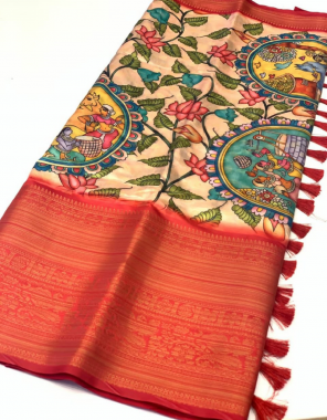 peach pratibha soft banarasi silk kalamkari block printed  fabric printed work party wear 
